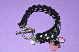 Black Suede Silver Tone Chain Statement Bracelet Jewelry Chic Charms Accessory  - £10.14 GBP