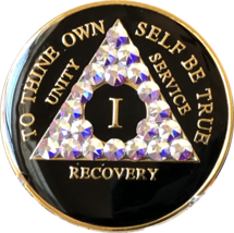 1 - 50 Year AA Medallion Amethyst Swarovski Crystal Black Sobriety Chip - £18.37 GBP