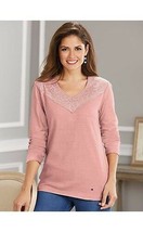 New Adrian Delafield Rose Pink Lace Collar V-Neck Trim Pullover Knit Top Size S - £9.25 GBP