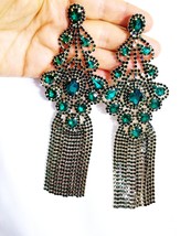 Rhinestone PIERCED Earrings, Oversized Chandelier Earrings, Green Drop Pageant E - £43.46 GBP