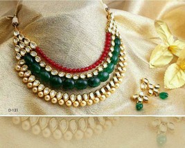 Indian Ethnic Kundan Gold Plated chokar Necklace Earring tika Jewelry Set New - £28.50 GBP