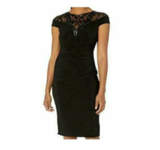 Adrianna Papell Womens 16 Black Illusion Neck Velvet Sheath Dress NWT BZ28 - $78.39