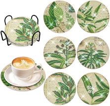 6 Pcs Leaves Diamond Art Painting Coasters Kits with Holder DIY Green Leave Diam - £13.90 GBP