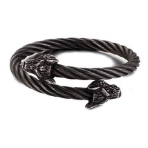 Punk Stainless Steel Matte Viking Wolf Charm Bangle Man Hip Hop Cable Wire Gold  - £16.66 GBP