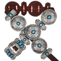 Navajo Native American LRG Turquoise Antiqued Silver Stamped Concho Belt - £892.33 GBP