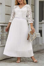White Lace Scalloped V Neck 3/4 Sleeves Pleated Tulle Plus Maxi Dress - £27.25 GBP