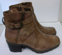 Baretraps Towanda Booties Sz 9.5M Brown Lug Sole EUC Buckles Block Heel EUC - $37.23