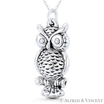 Perched  Owl of Wisdom Bird Charm Chunky Pendant in Oxidized 925 Sterling Silver - £20.49 GBP+