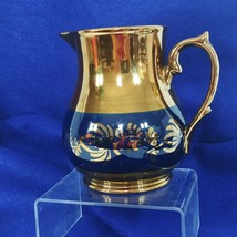 Pitcher Small Lusterware Gold with Blue Band Floral Design Collectible Vintage - $36.39