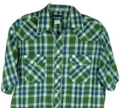 Vintage Western Shirt Wrangler Green Plaid Snap Front rockabilly 16 1/2 cowboy - £15.50 GBP