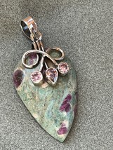 Large Thick Green w Pink Teardrop Stone w 925 Silver Ribbon &amp; Purple Ame... - £23.02 GBP