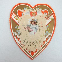 Vintage Valentine Card Whitney Made LARGE Heart Shape Red &amp; Gold Girl in Bonnet - £11.85 GBP