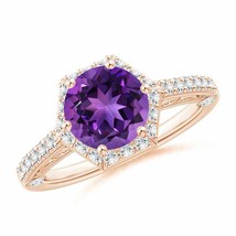 ANGARA Round Amethyst Hexagonal Halo Ring with Filigree for Women in 14K Gold - £1,871.64 GBP