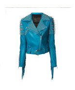 New Woman Full Blue Punk Brando Spiked Studded Leather Jacket Fringes   ... - £204.05 GBP