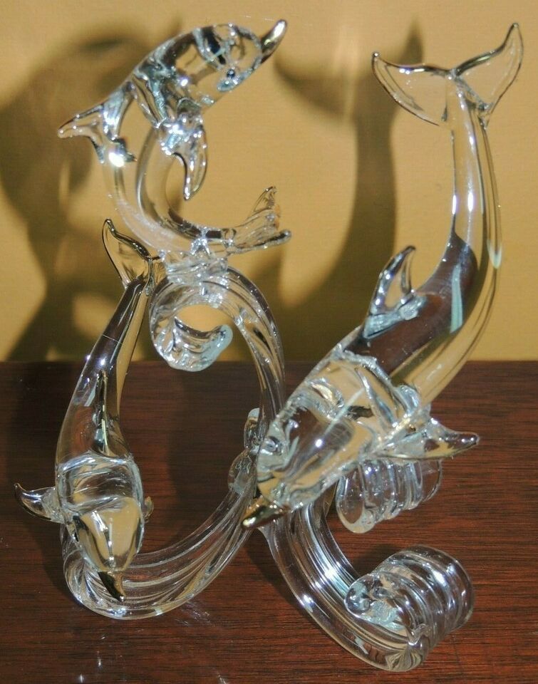 Art Glass 3 Dolphins on Ribbon Waves clear 4.75&quot;x3.75&quot;x3.5&quot; gold accent ... - $35.99