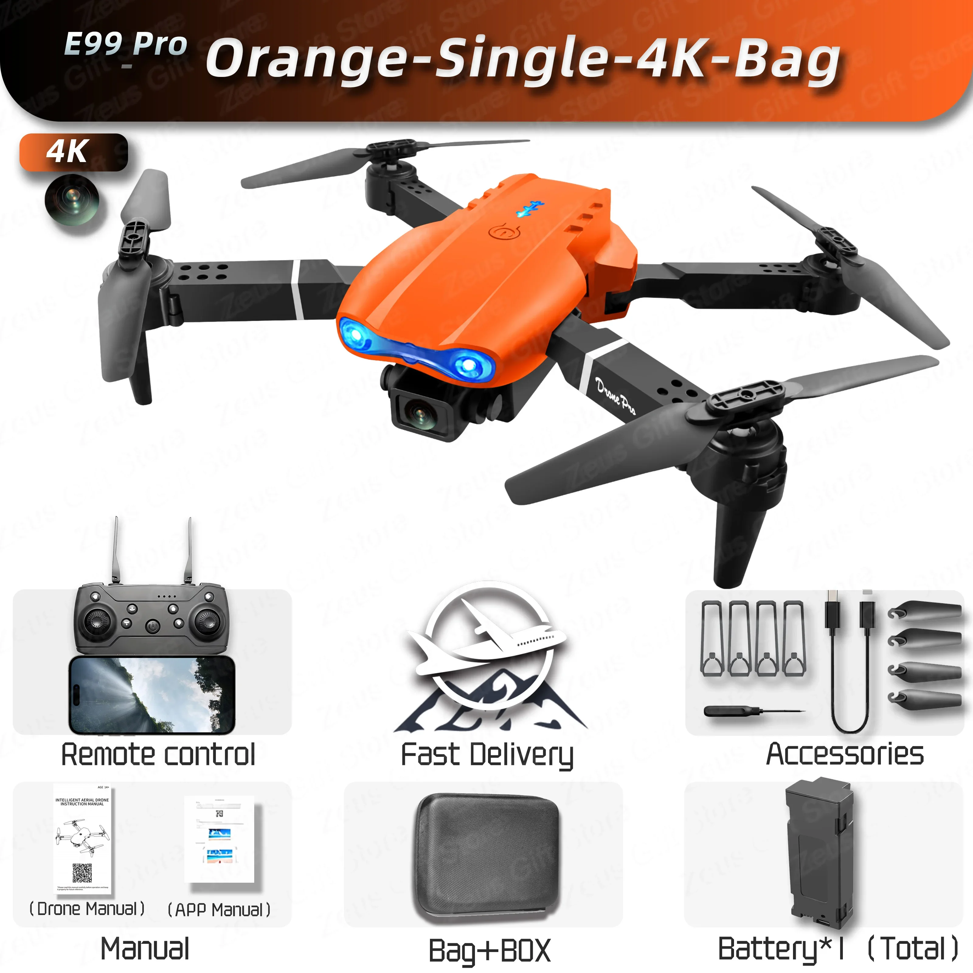 2024 E99Pro RC Drone 4K Dual HD Camera Foldable  (Orange-Single-4K-Bag) - £35.56 GBP