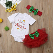 NEW 1st Christmas Baby Girls Bodysuit Ruffle Bloomers Bow Headband Outfit Set - £5.70 GBP
