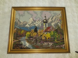 Framed Europ EAN Mountains (Alps?) Scene Needlepoint Wall Hanging - 22.5&quot; X 18.5&quot; - £79.13 GBP