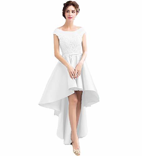 Sheer Cap Sleeves Bateau Lace High Low Prom Homecoming Party Dress White US 14
