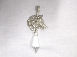 Engraved Wolf Head Pewter Pendant with Large Clear Crystal Drop Pendant Necklace - £27.89 GBP