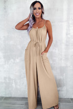 Apricot Spaghetti Straps Waist Tie Wide Leg Jumpsuit with Pockets - $309.54 MXN
