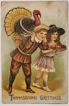 Thanksgiving Greetings Boy With Turkey Girl Fruit Plate Postcard K29 - $5.95