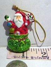 Santa Claus in Glittery Green Toy Bag Hanging Mini Ornament Vintage  Decoration - £8.49 GBP