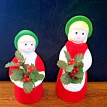 2 Enesco Ceramic Flocked Girl Christmas Figurines w/Holly 6&quot; 5&quot; Tall Taiwan VTG - £16.60 GBP