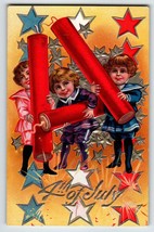 4th Of July Postcard Girls With Giant Fireworks Firecrackers Stars Unposted - $35.33