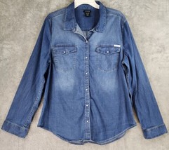 Calvin Klein Jeans Shirt Womens XXL Blue Chambray Distressed Mini Snap O... - $23.75