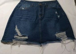 Shein Jean Skirt Womens 0XL(12) Distressed Ripped Raw Hem 30x18 BlueDenim - $15.83