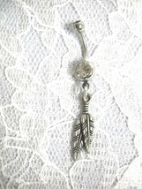 Twin Feather Engraved Ejc Pewter Dangling Charm On 14g Clear Cz Belly Ring Bar - £8.11 GBP