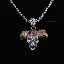 Demon Goat Ram Skull with Red Cubic Zirconia Pave Pendant 60cm Round Box... - £15.82 GBP