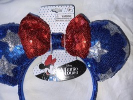 Disney Minnie Mouse Red White Blue Silver Star Sequin Ears 4th Of July H... - $244.42 MXN