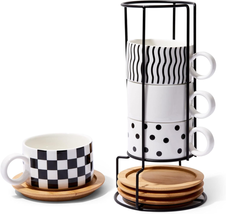 Stackable Espresso Cups Set of 4 - Espresso Mugs with Wooden Saucers, Me... - $27.91