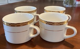 Sango China Caroline 8870 Gold Checked Band White Coffee Cups Mugs - $25.00