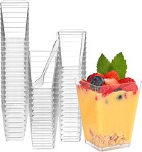 100 Pack 5 oz Square Clear Plastic Dessert Cups with Plastic Spoons Puddings, Mo - £26.10 GBP