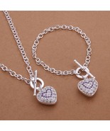 925 silver Fashion Beautiful pretty heart Necklace Bracelet jewelry set ... - $11.70