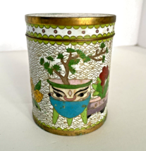 Chinese Round Tea Caddy Box And Lid Cloisonne Chinoiserie Design Enameled Brass - £119.58 GBP