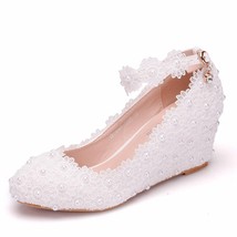Crystal Queen White Flower Wedding Shoes Lace Pearl High Heels Sweet Bride Dress - £47.60 GBP