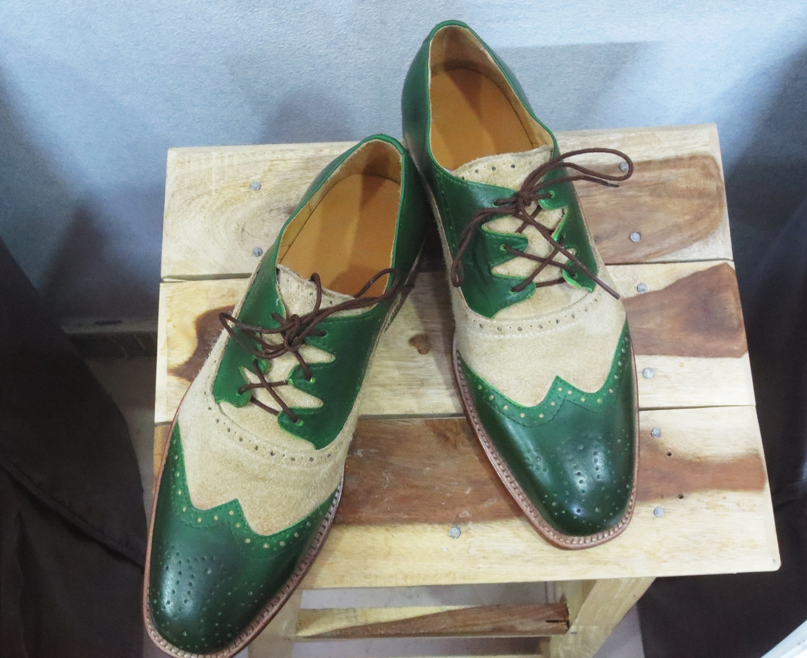 Handmade Men Green Beige Wing Tip Brogue Leather Suede Shoes, Men Designer Shoes