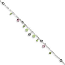 SS Pink Crystal Green Quartz Peridot Bead Anklet 9&quot; - £56.61 GBP