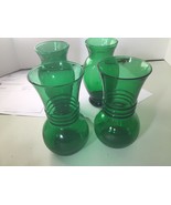 Vintage Anchor Hocking Forest Green Rib Necked Depression Glass Vase 4pcs - $27.72
