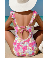 Pink Floral Ruffle Trim V Neck Lace-up Back Tummy Control One Piece Swim... - $16.31