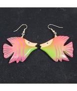 Pink-Green Hand Carved Painted Wood Tropical Fish Kitschy French Hook Ea... - €10,73 EUR