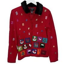 Vintage Planet Faux Fur Collar Christmas Cardigan Sweater Petite XL Beaded  - £27.40 GBP