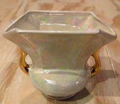 Vintage Pioneer Pottery Pearl Iridescent Vase 22k Gold Handles USA 4.5&quot; - £20.46 GBP