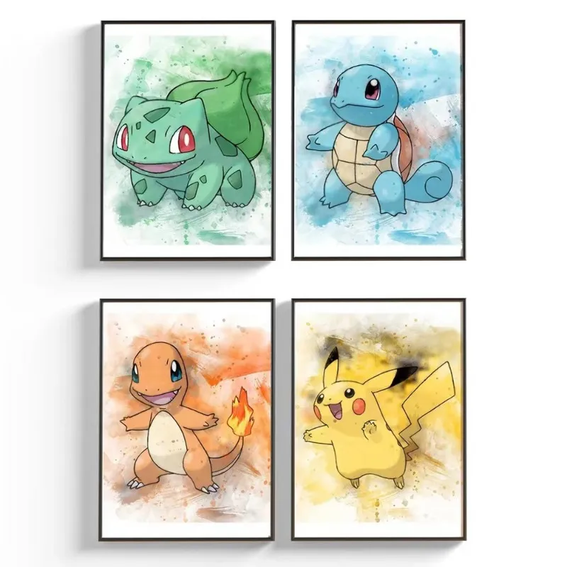 Anime Pokemon Canvas Painting Bulbasaur Charmander Squirtle Poster and Print - £9.59 GBP+