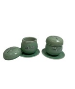 2 Vintage Korean Celadon Soft Green Crackle Floral Tea Cup Strainer lid ... - $39.75