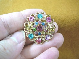 bb601-61) rainbow rhinestone crystal ornate filigree flower gold tone brooch pin - £12.43 GBP